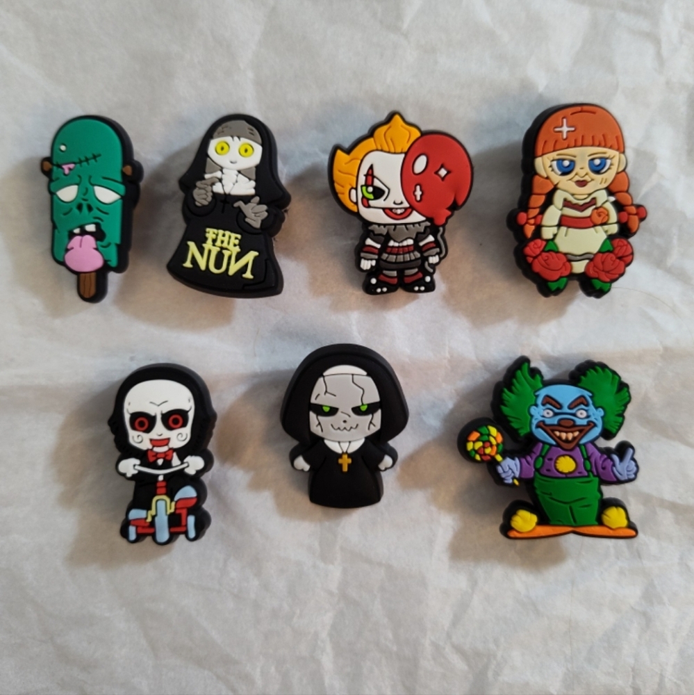 7 Horror Movie Shoe Charms New SAW, IT, Nun, Zombie Annabelle Clown